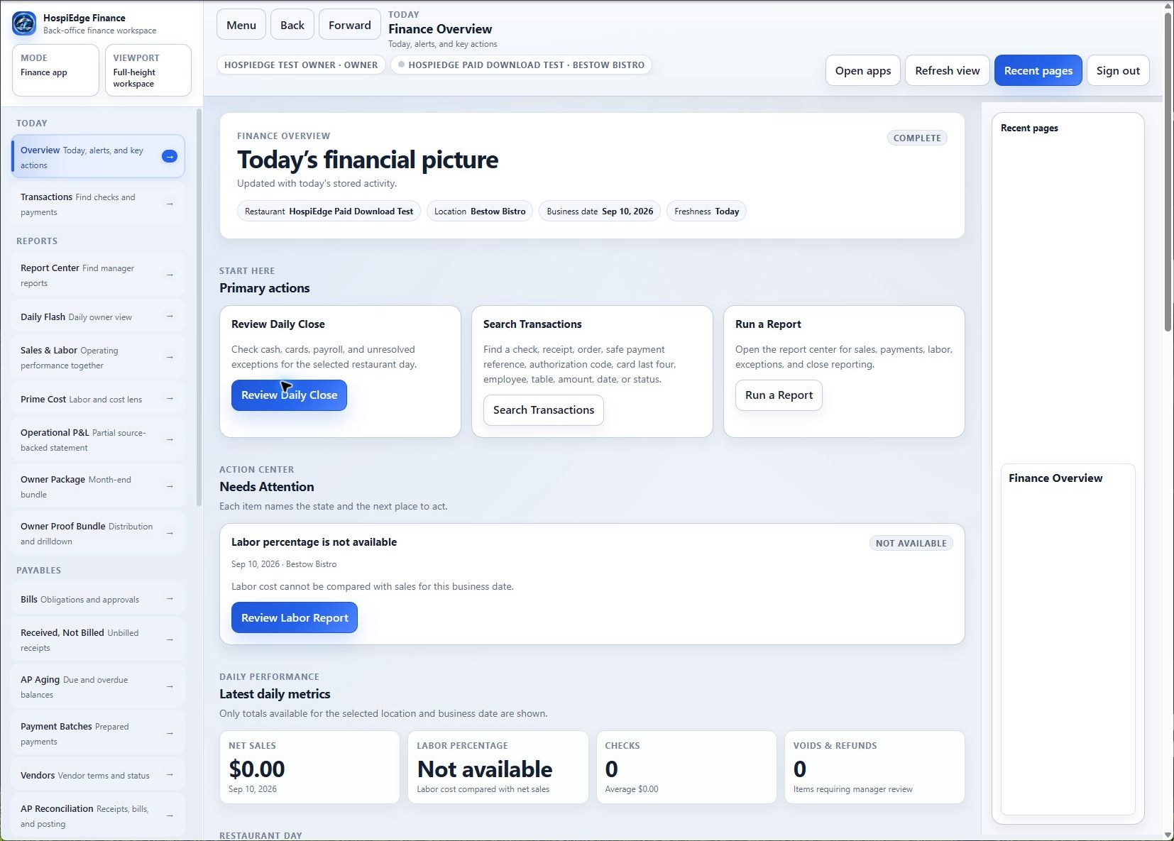 HE Finance dashboard showing the restaurant financial picture and close review