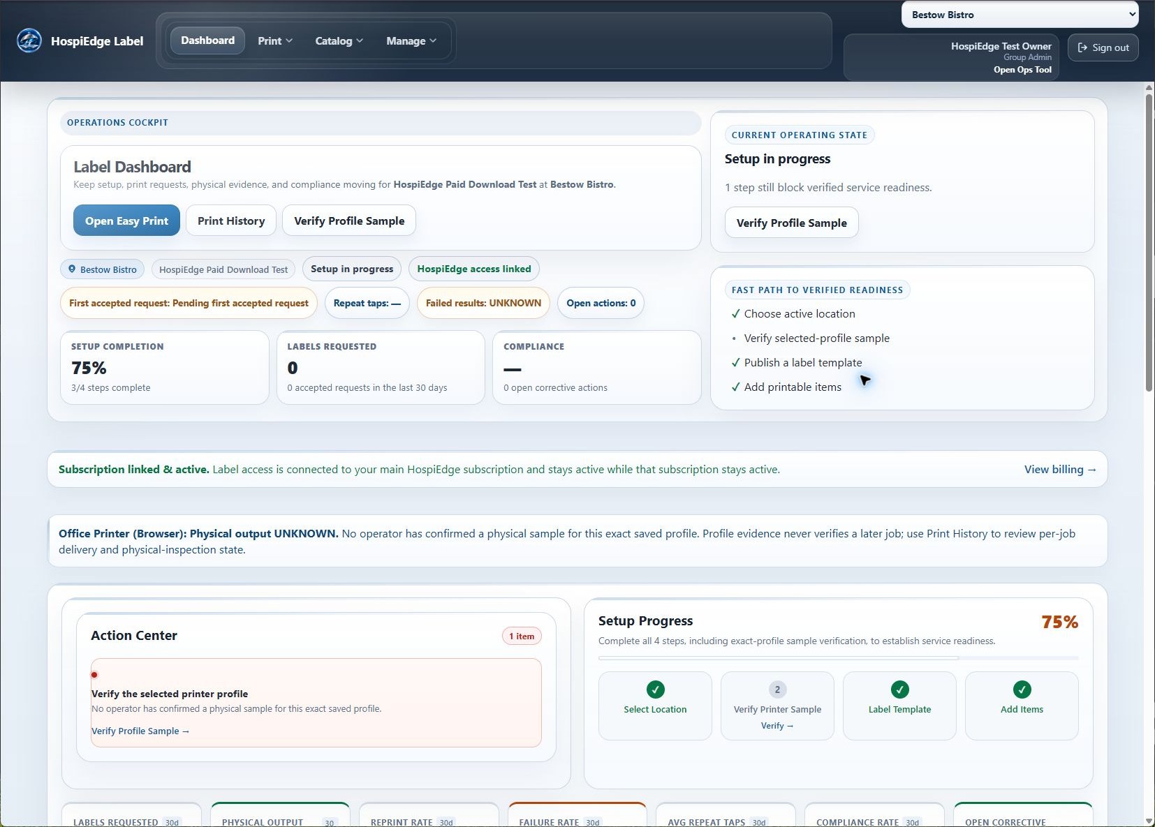 HE Label AI dashboard showing label operations, setup progress, and kitchen controls