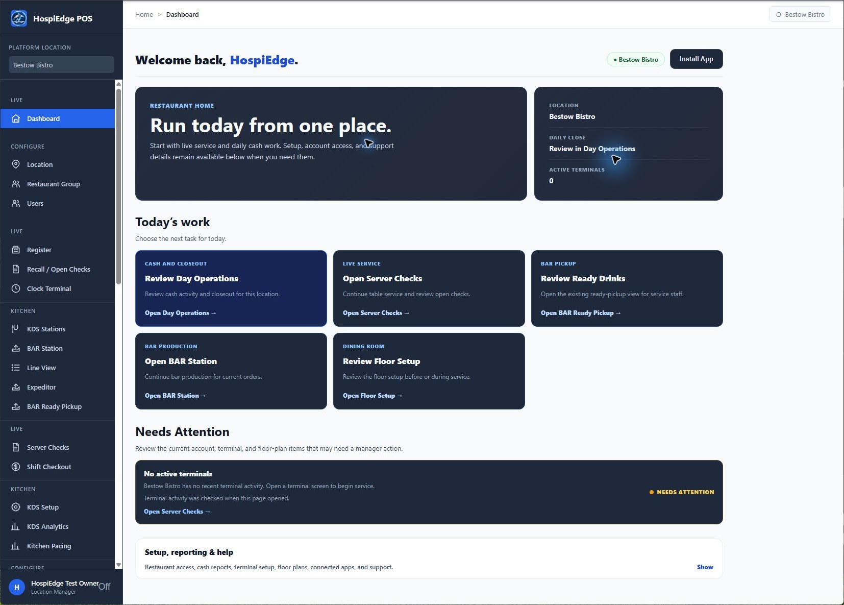 HE POS dashboard showing manager service and restaurant-day actions
