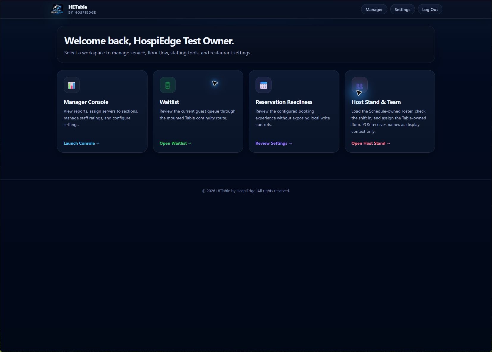 HETable host workspace showing front-door tools for restaurant service